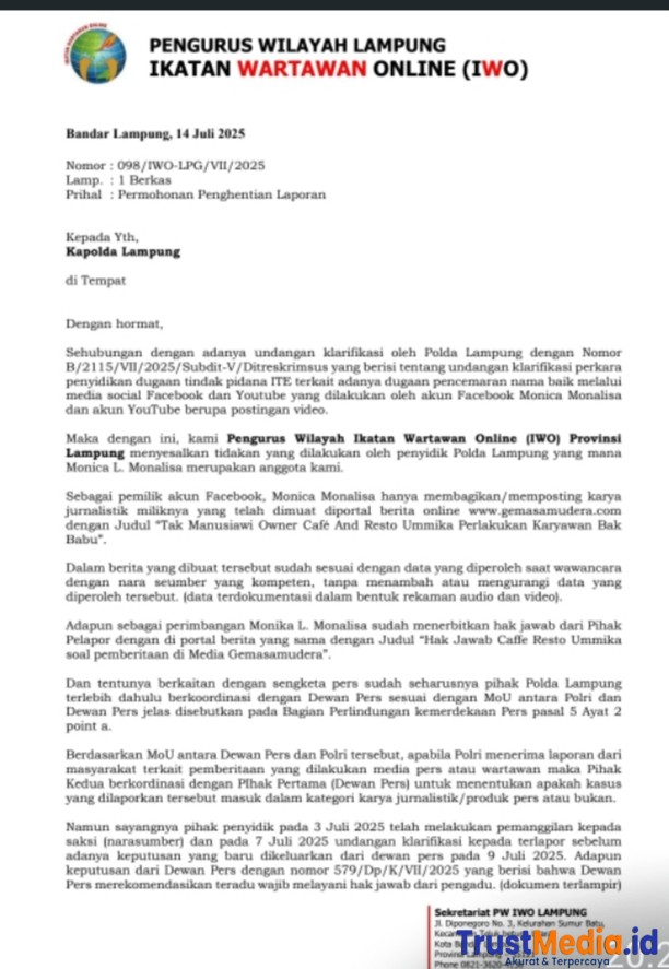 PW IWO Lampung Surati Polda Terkait Permohonan Penghentian Perkara Anggotanya Monica Monalisa