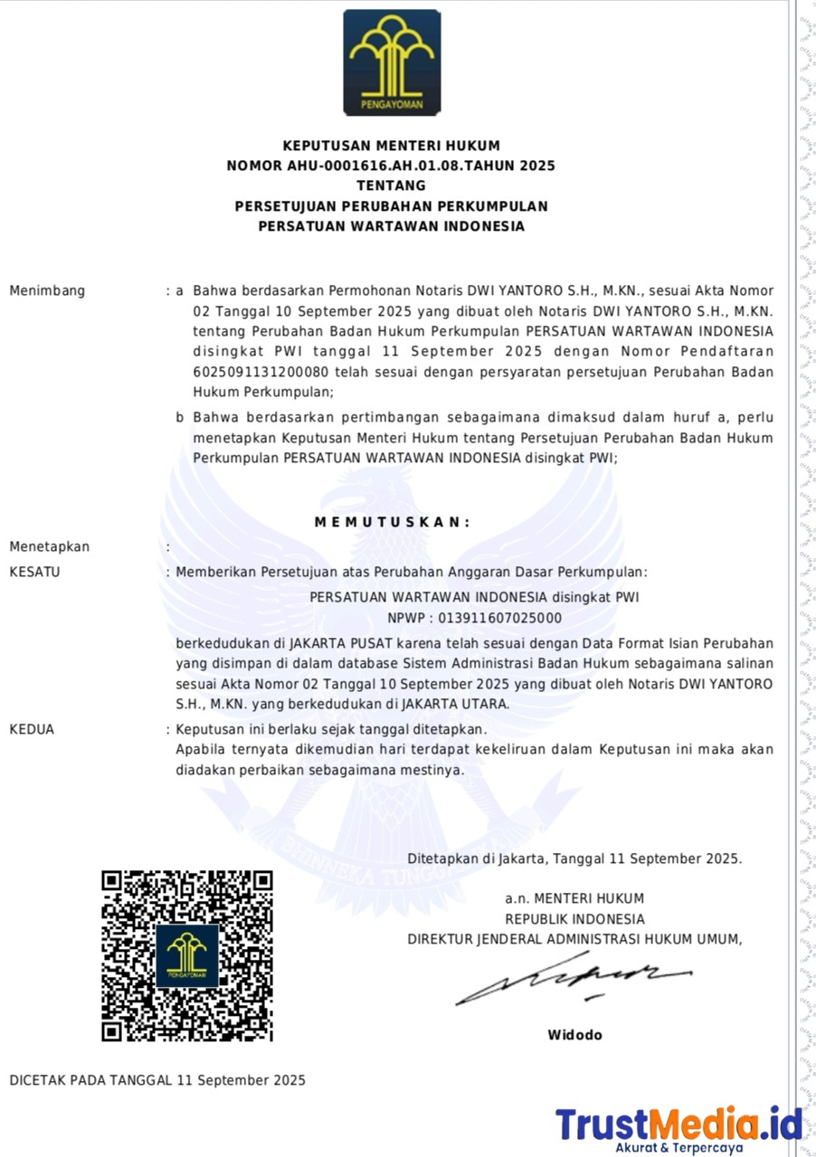 PWI Resmi Kembali Terdaftar di Kemenkum, Akses AHU Sangat Cepat dan Mudah