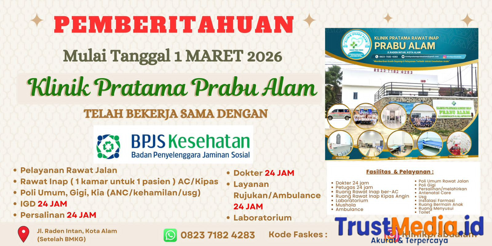 Klinik Pratama Prabu Alam Lampung Utara Resmi Dibuka 1 Maret 2026. Menerima Pasien BPJS Melayani Masyarakat 24 Jam