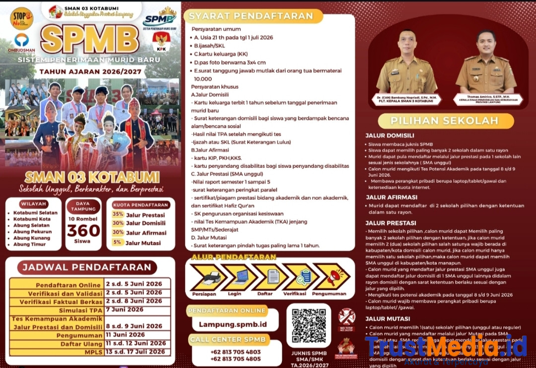 Empat Jalur SPMB Dibuka, SMAN 3 Kotabumi Siapkan 360 Kursi untuk Tahun Ajaran 2026/2027